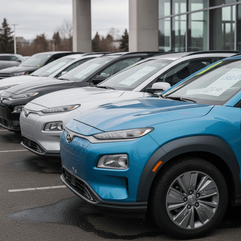 Row of used Hyundai Kona Electric SUVs parked at a dealership lot with price stickers on the windshields