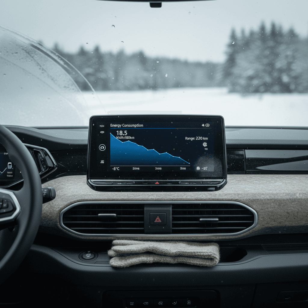 Volkswagen ID. Buzz dashboard showing winter energy consumption and climate usage