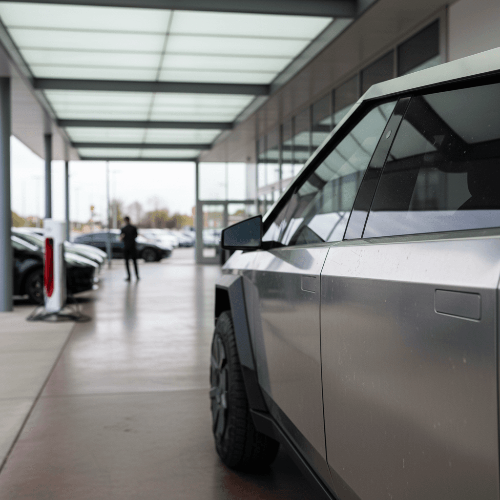 Close view of a Tesla Cybertruck’s stainless steel body and wheel emphasizing sharp angles and panel gaps