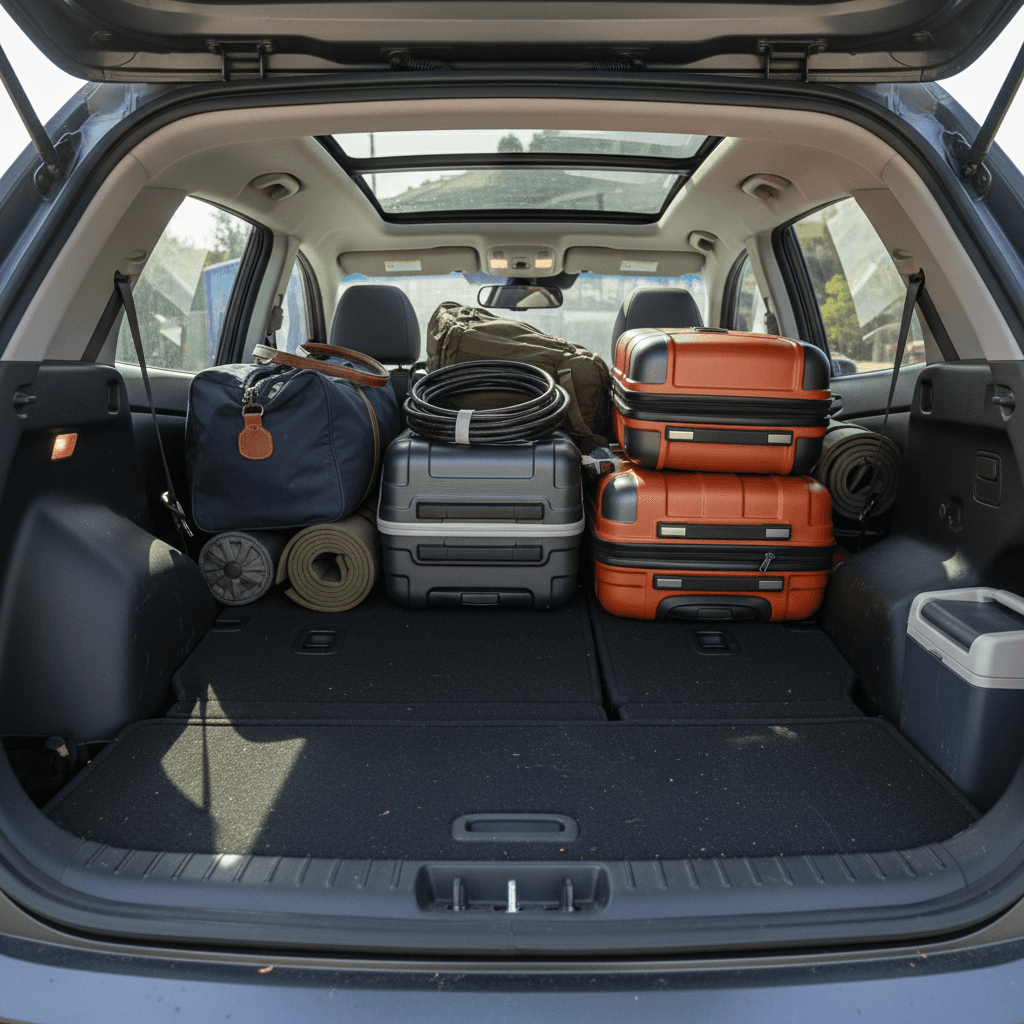 Hyundai Kona Electric cargo area loaded with luggage and rear seats folded flat