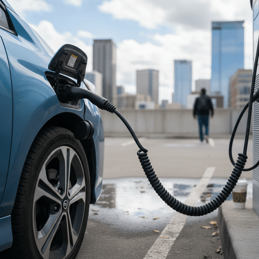 2022 Nissan Leaf plugged into a public charger, with focus on the charging port and wheel