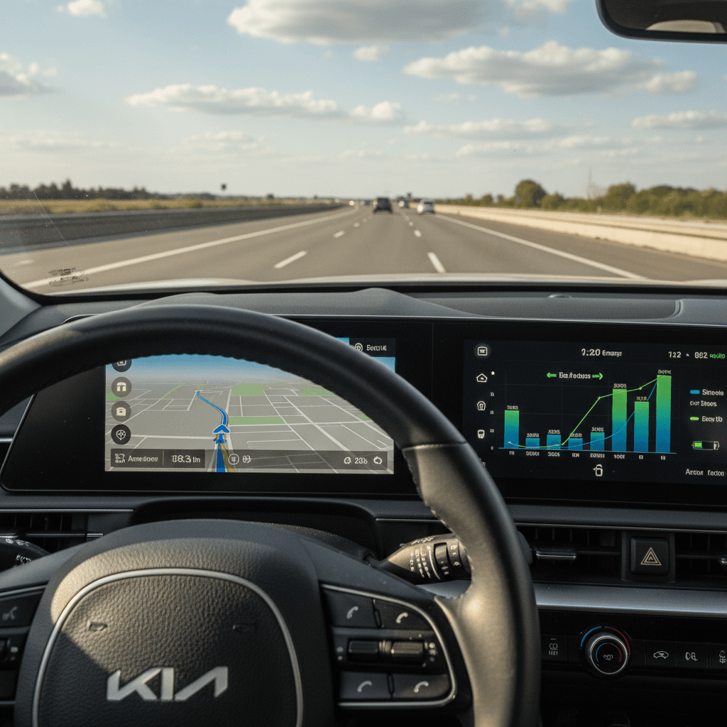 Kia EV6 interior view showing navigation and energy consumption screen during a highway drive