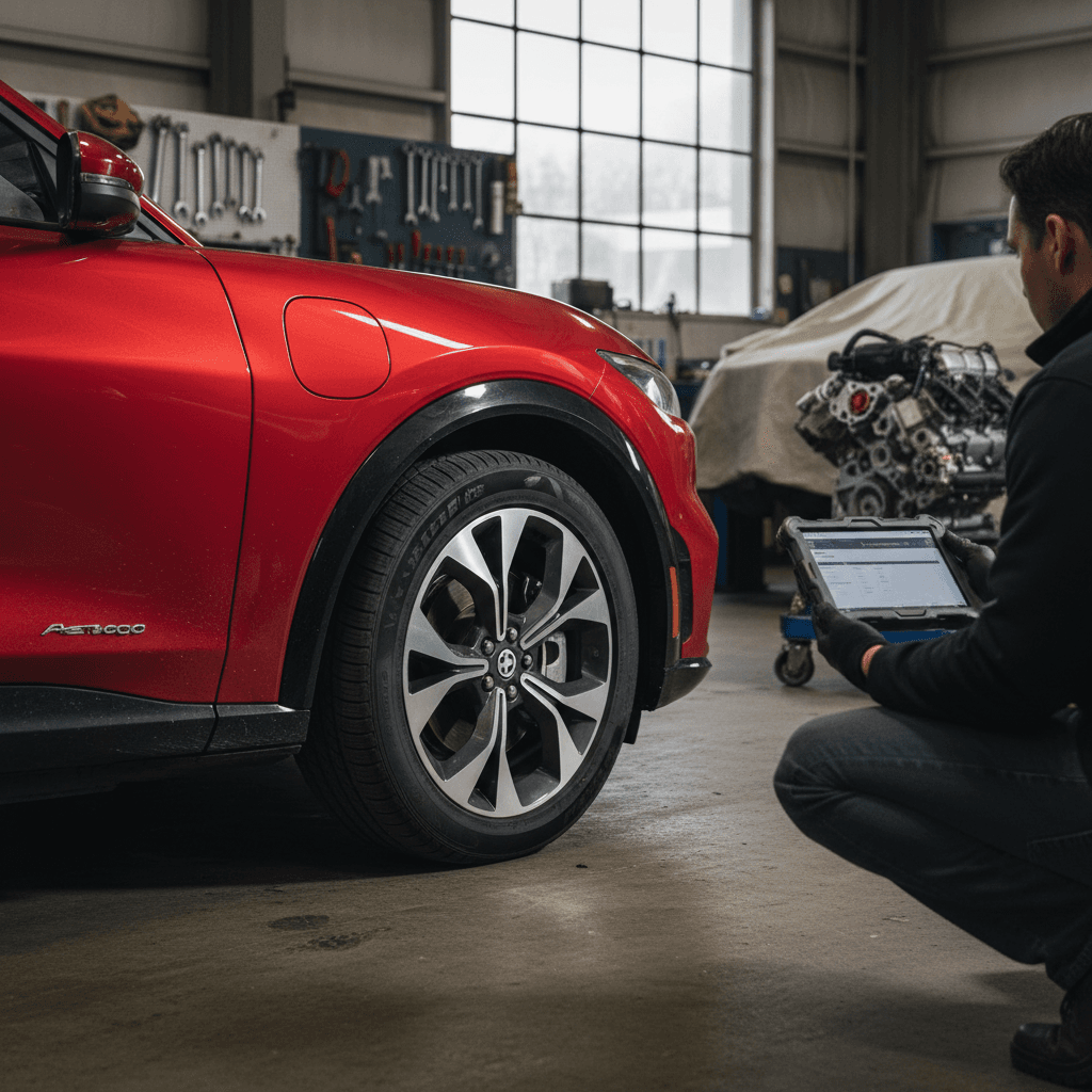 Technician reviewing battery health data on a diagnostic tablet next to a Ford Mustang Mach-E in a service bay