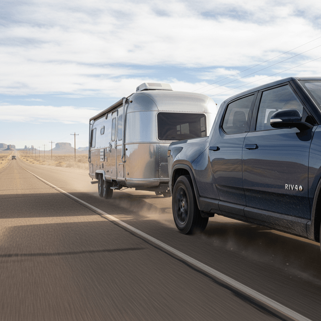 Rivian R1T towing a mid-size travel trailer on the highway, illustrating EV truck towing capability and range considerations