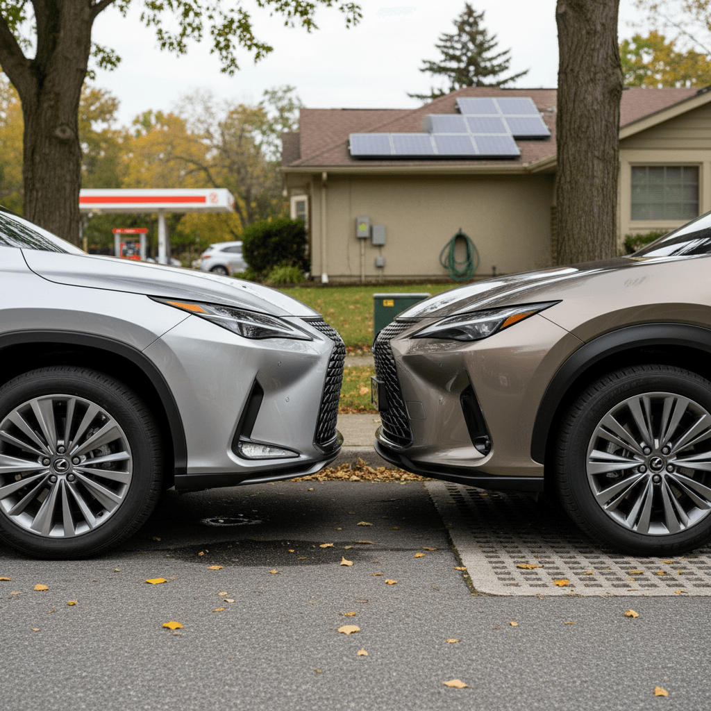 A Lexus RX and Lexus RZ 450e parked side by side in a suburban driveway, highlighting the contrast between gas and electric SUVs