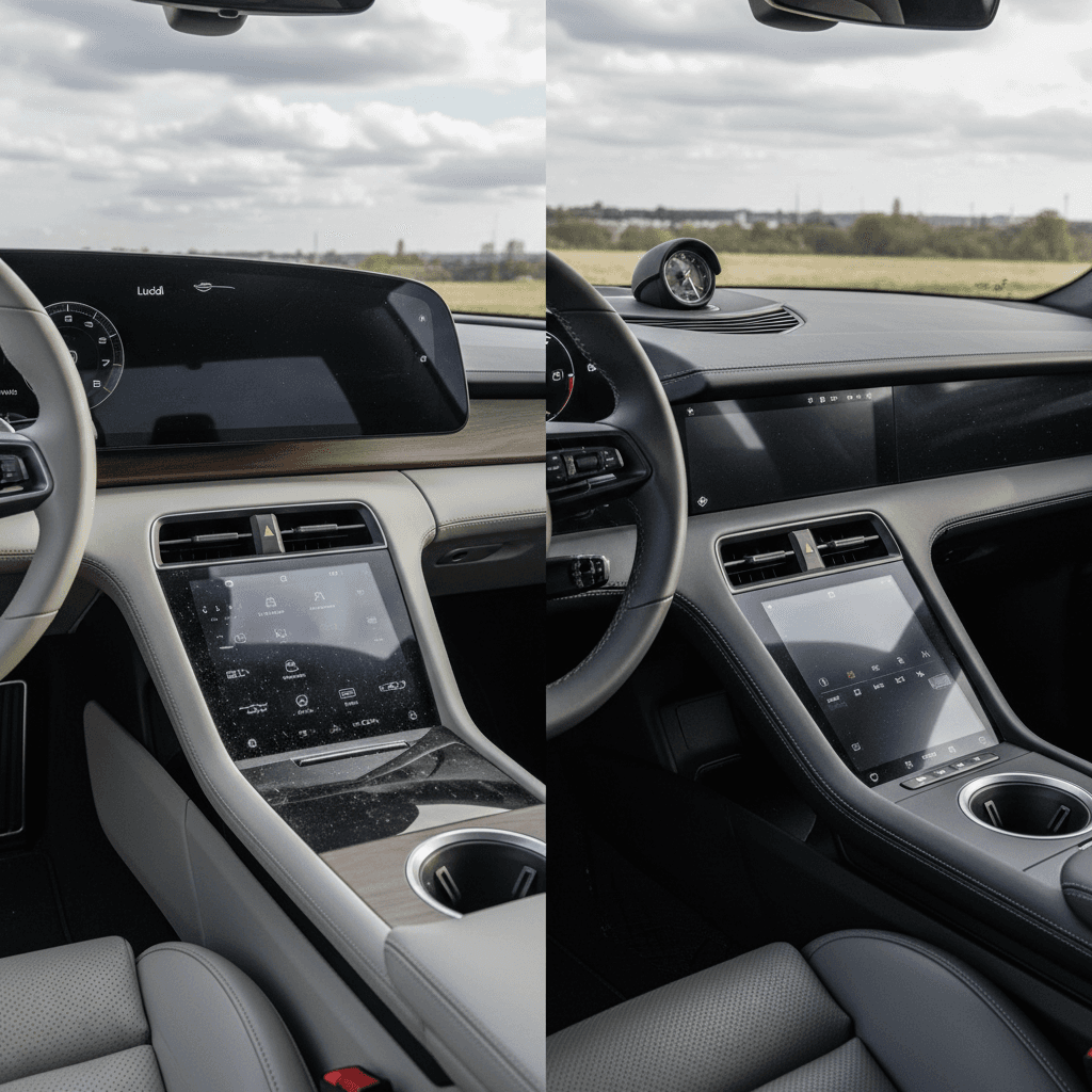 Side‑by‑side interior view of a Lucid Air and Porsche Taycan, highlighting different dashboard layouts and displays