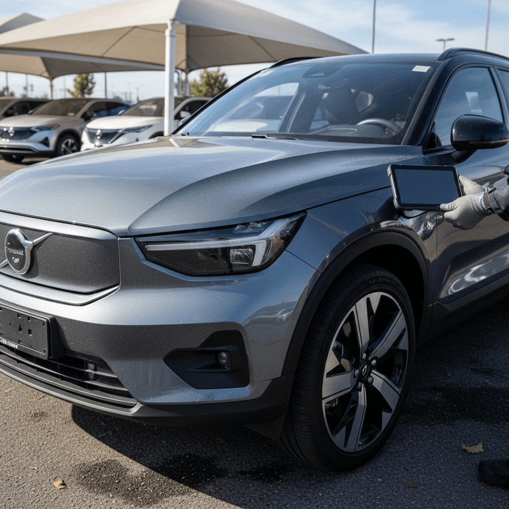 Technician inspecting the battery and underbody of a used Volvo EX30 on a lift