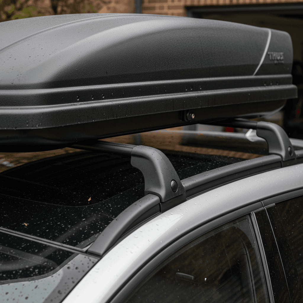 Nissan Ariya roof rails with cross bars and a cargo box installed