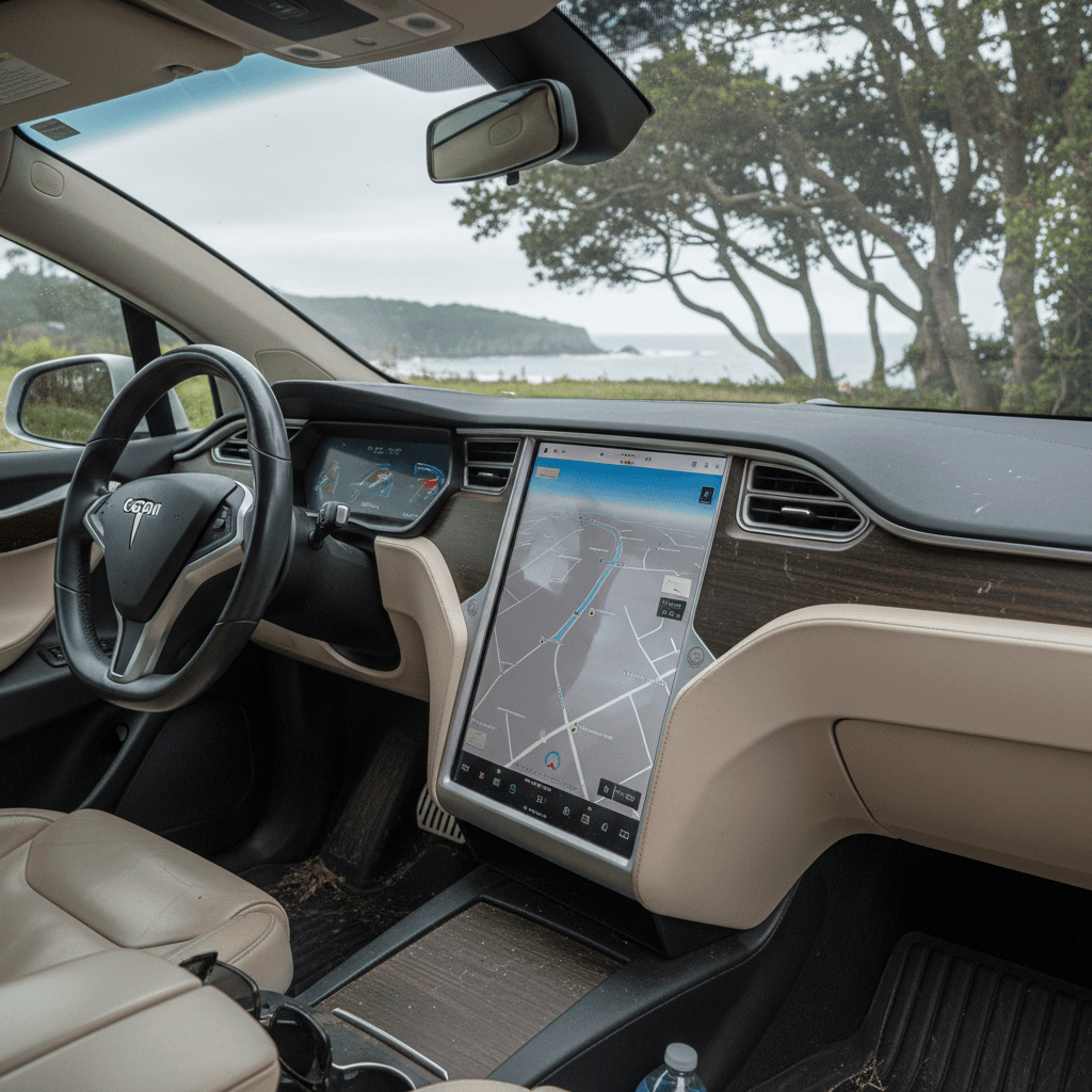 2018 Tesla Model X interior with central touchscreen and Falcon Wing doors open