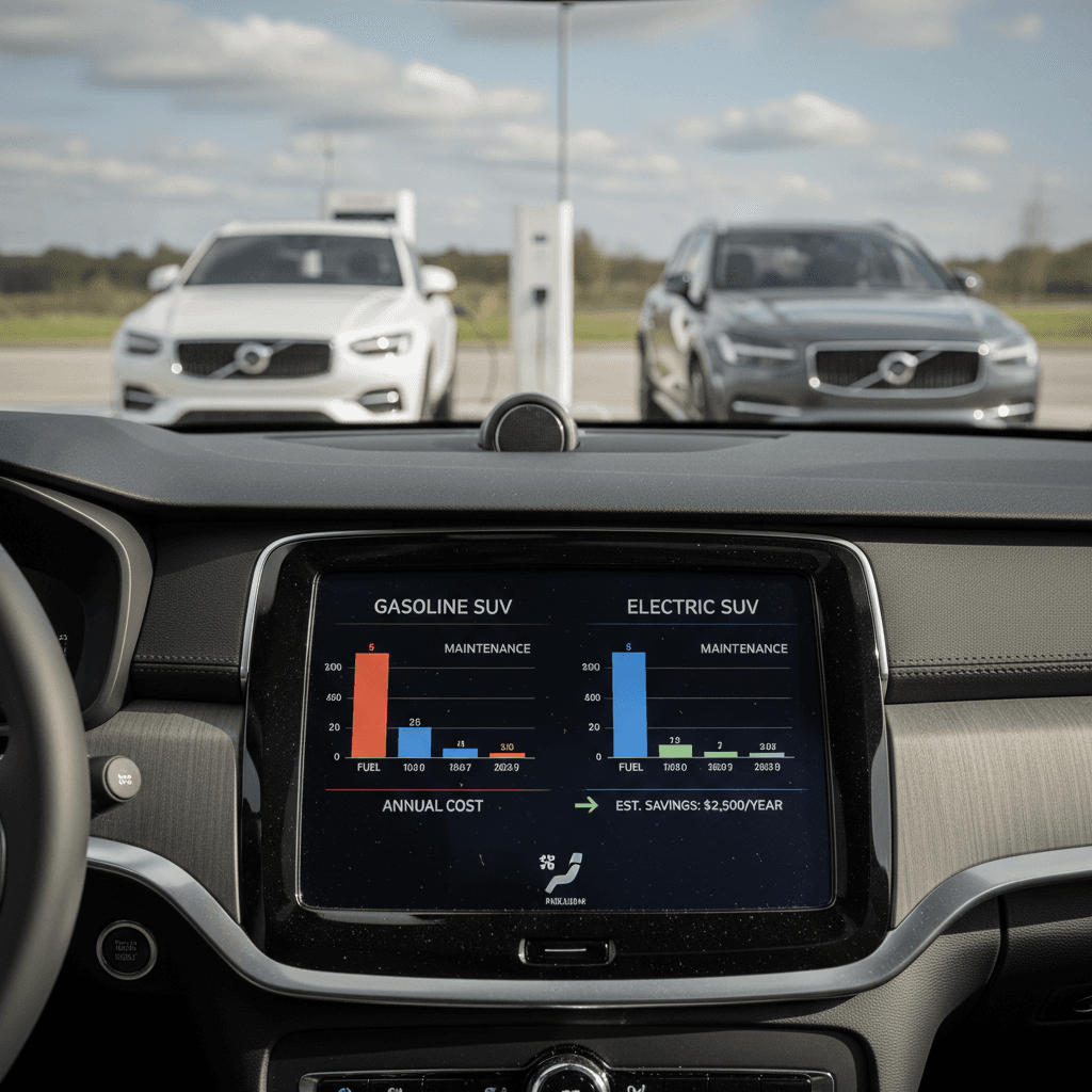Dashboard-style charts showing annual fuel and maintenance savings when switching from a gasoline Volvo XC90 to an electric Volvo EX90