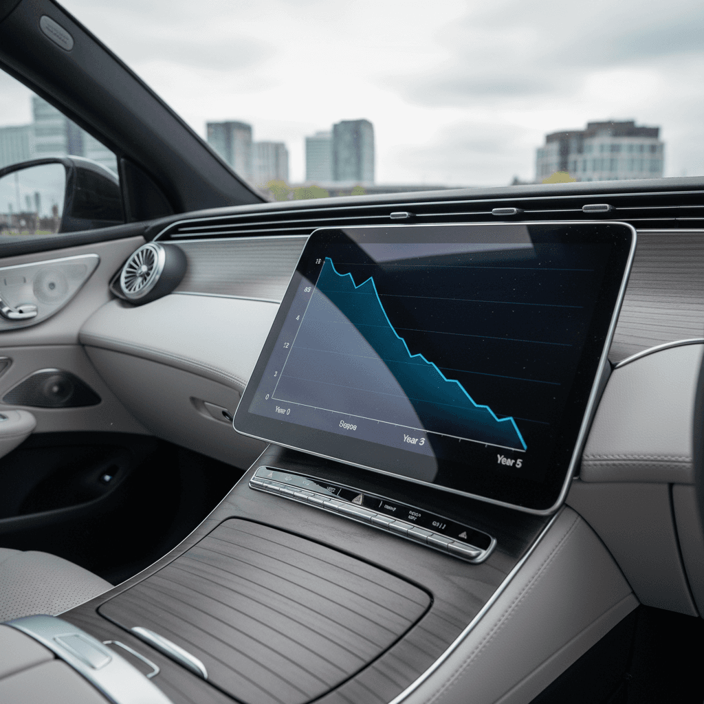Illustrated 5‑year depreciation curve line graph for a Mercedes EQE showing steep initial drop then leveling off