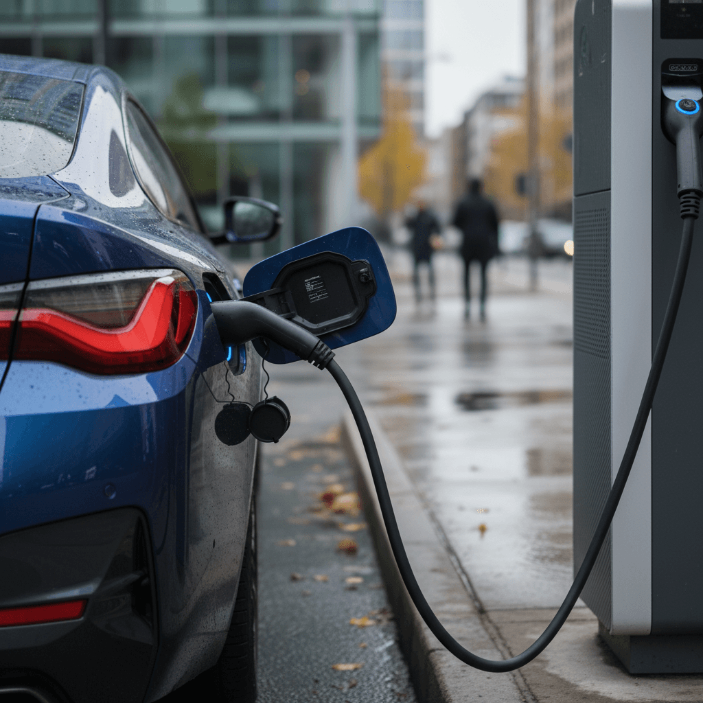 2024 BMW i4 plugged into a public DC fast charger in a city parking lot