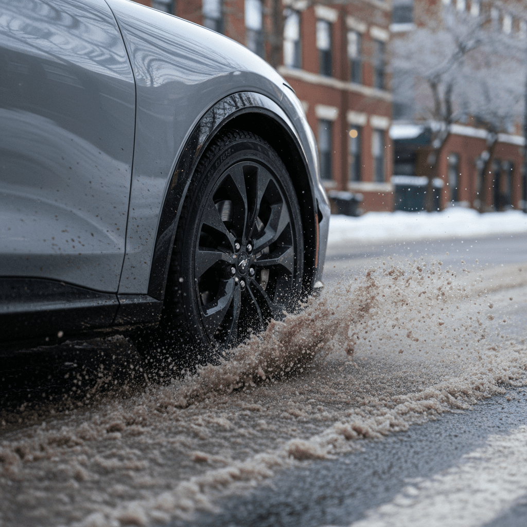 Ford Mustang Mach‑E driving through slushy winter streets showing wheel and tire cutting through snow