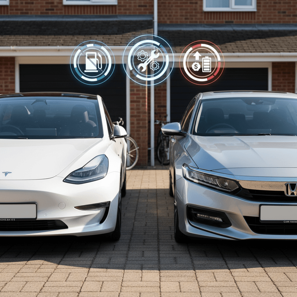 Tesla Model 3 and Honda Accord parked side by side in a suburban driveway with icons representing fuel, electricity, and maintenance costs above each car