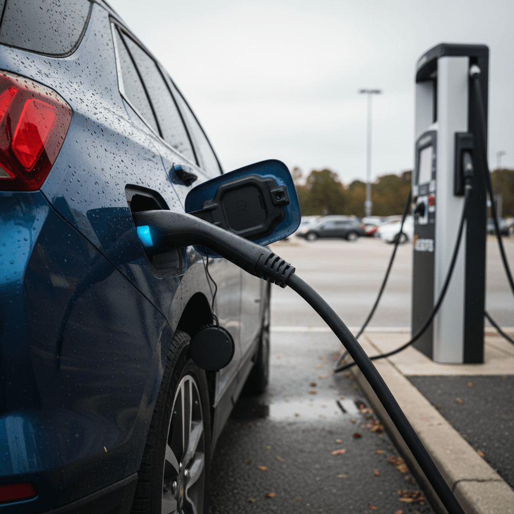 Chevrolet Equinox EV plugged into a DC fast charger at a highway rest stop