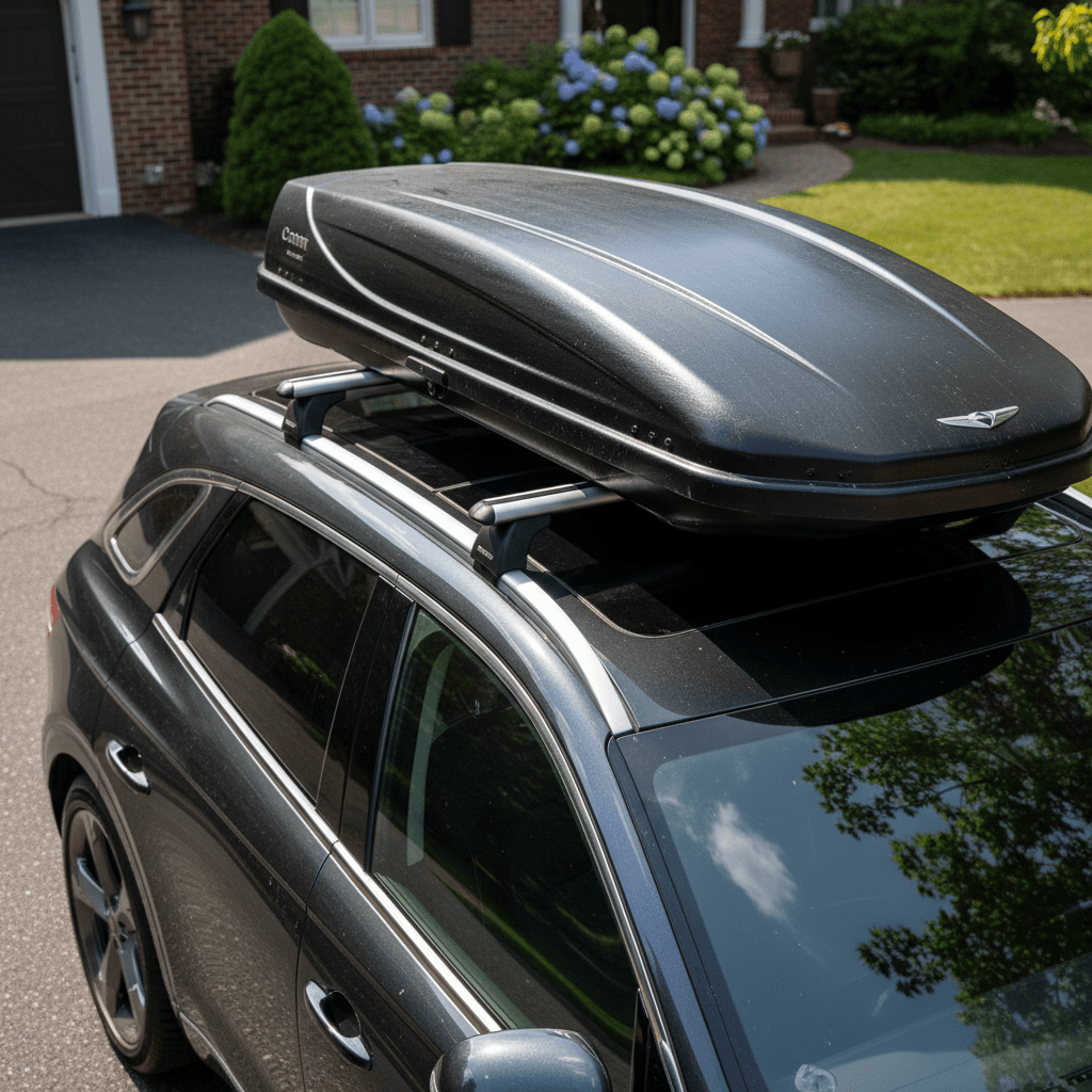 Genesis Electrified GV70 parked in driveway with sleek aero crossbars and a medium cargo box mounted to factory roof rails