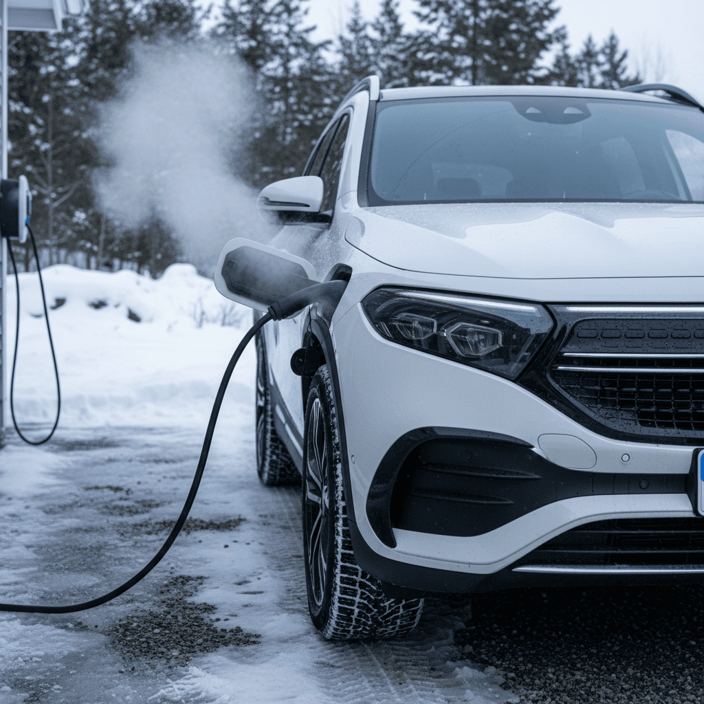 Mercedes EQB plugged into a home charger in a snowy driveway, with snow piled around the wheels
