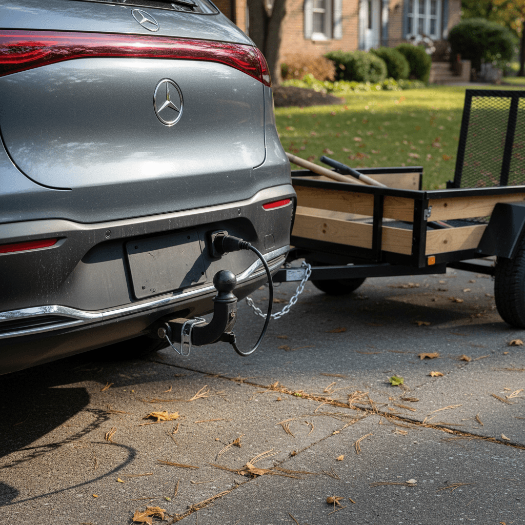 Mercedes EQE SUV with a tow hitch attached to a small utility trailer in a driveway, illustrating light-duty EV towing