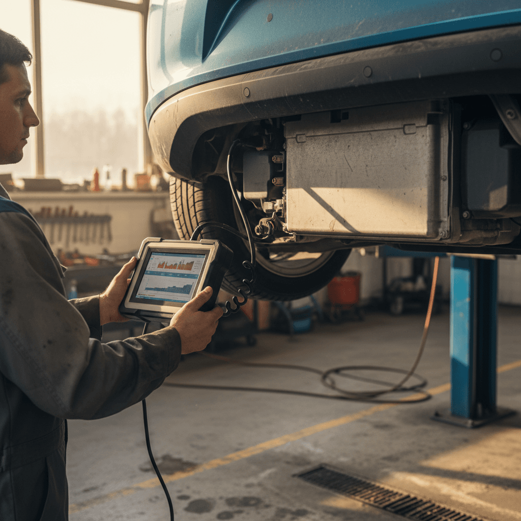 Technician using a tablet to check battery and charging data on a used electric car during a dealer inspection