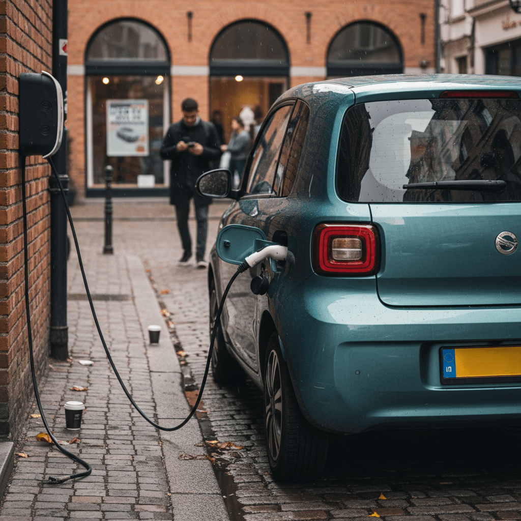 Lineup of modern electric cars from new brands parked in an urban setting