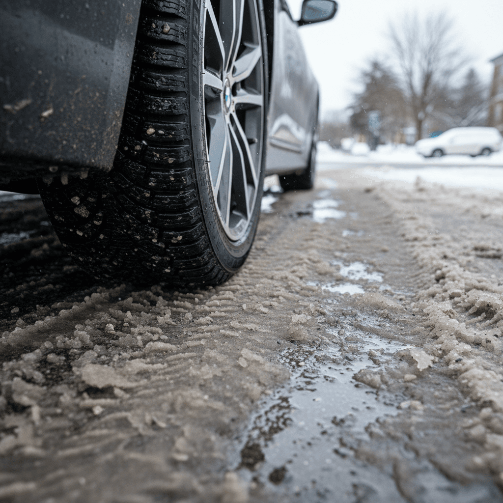 Close-up of a BMW i4 fitted with a dedicated winter tire, showing deep tread blocks and sipes on a wet, slushy winter road