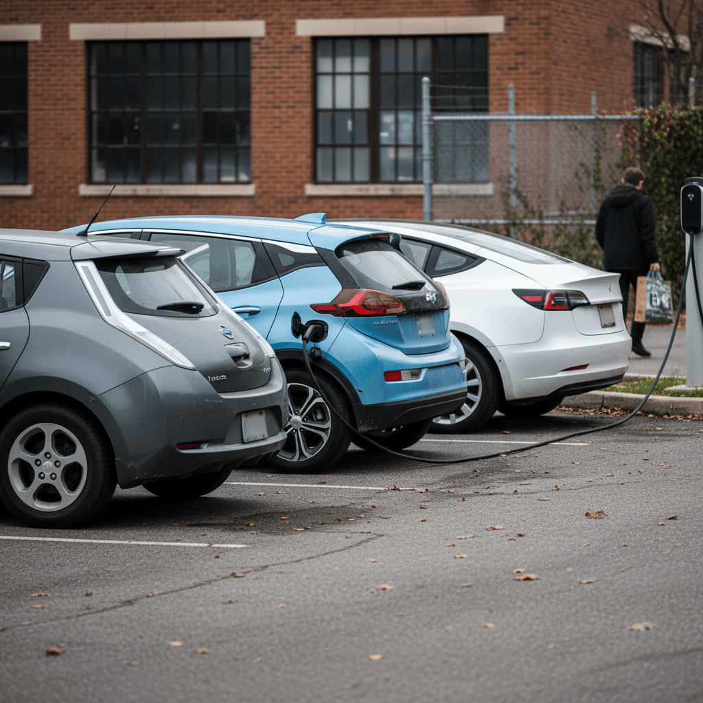 Lineup of compact and midsize electric cars parked in a lot, ideal for daily commuting