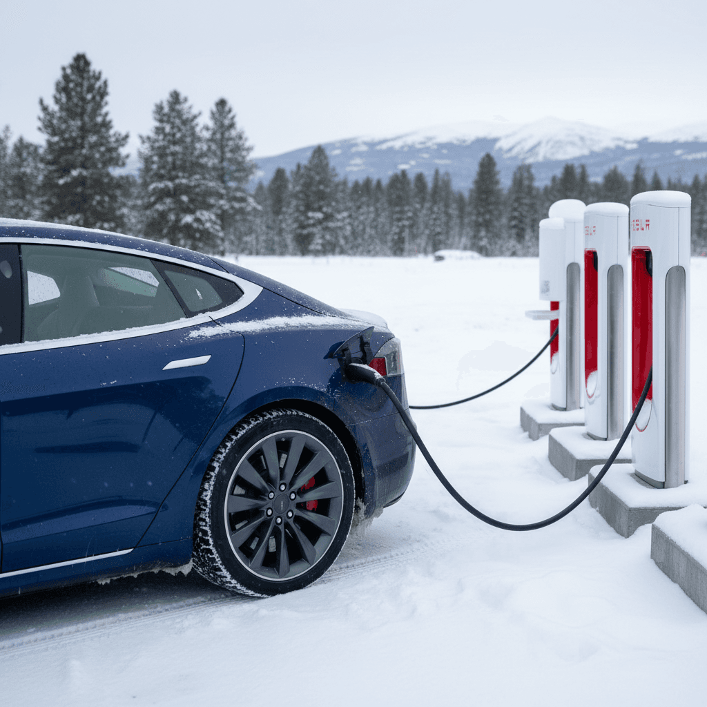 Tesla Model S charging at a snowy Supercharger station with drivers walking nearby