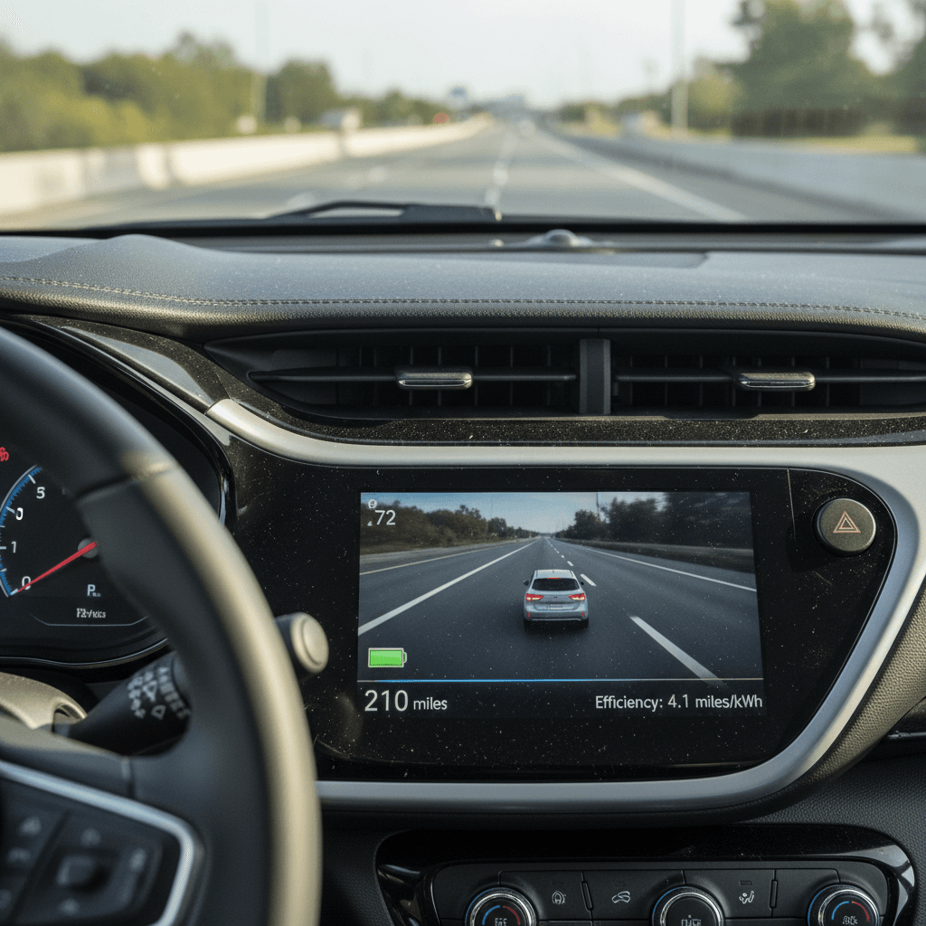 Digital instrument cluster in a Volvo C40 Recharge showing remaining range, battery level, and efficiency while cruising on the highway.
