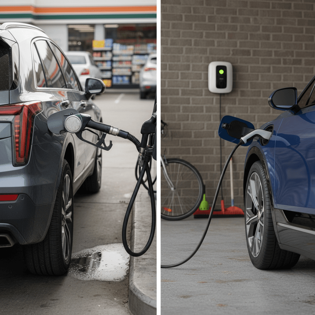 Cadillac XT5 parked at a gas pump next to a Cadillac Lyriq charging at a home wallbox