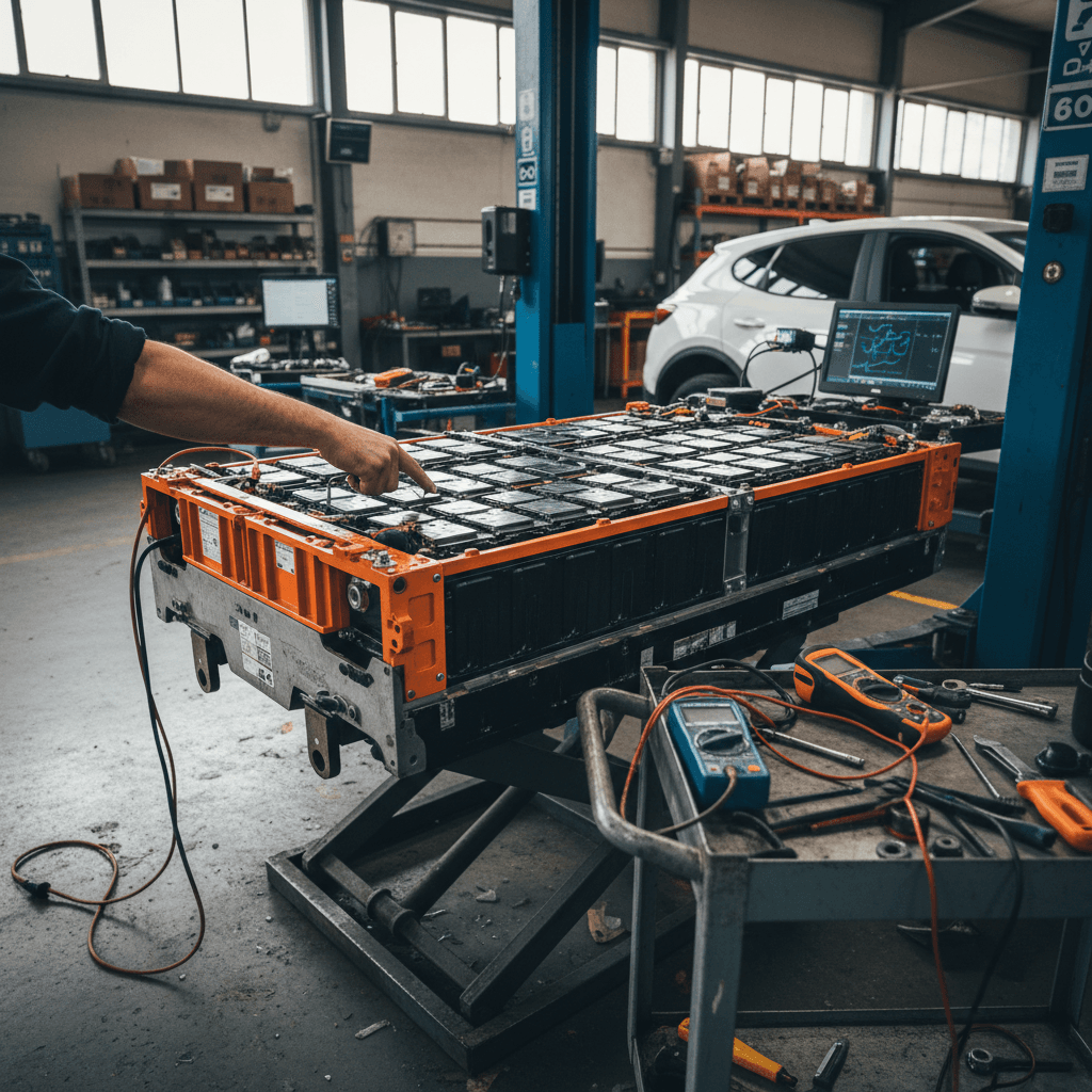 Mechanic inspecting an electric car’s battery pack on a lift in a repair garage