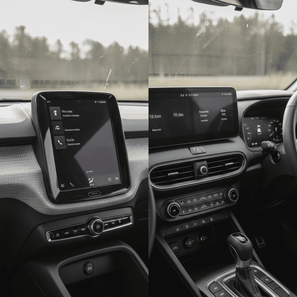 Side-by-side dashboards and front seats of a Volvo EX30 and Hyundai Kona Electric highlighting different interior designs.