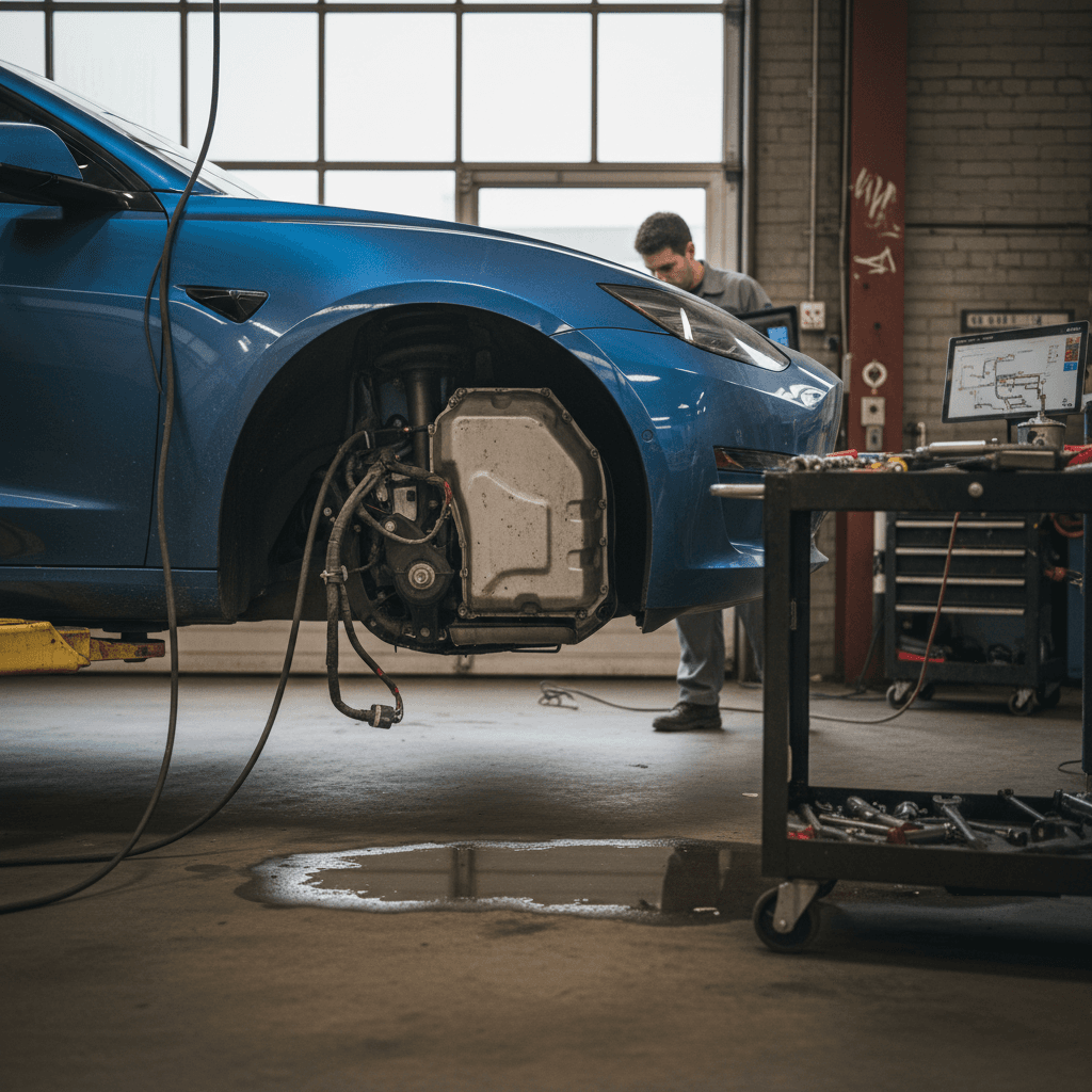 Tesla sedan on a lift inside a brightly lit service center bay