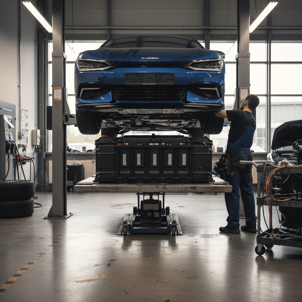 Technicians in a modern workshop lowering a Kia EV6 high-voltage battery pack from the chassis using a lift and specialized tools.