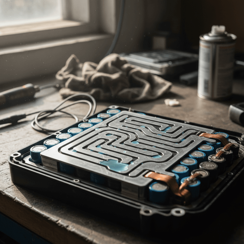 Technician inspecting a Tesla Model S front suspension and wheel area for wear and damage