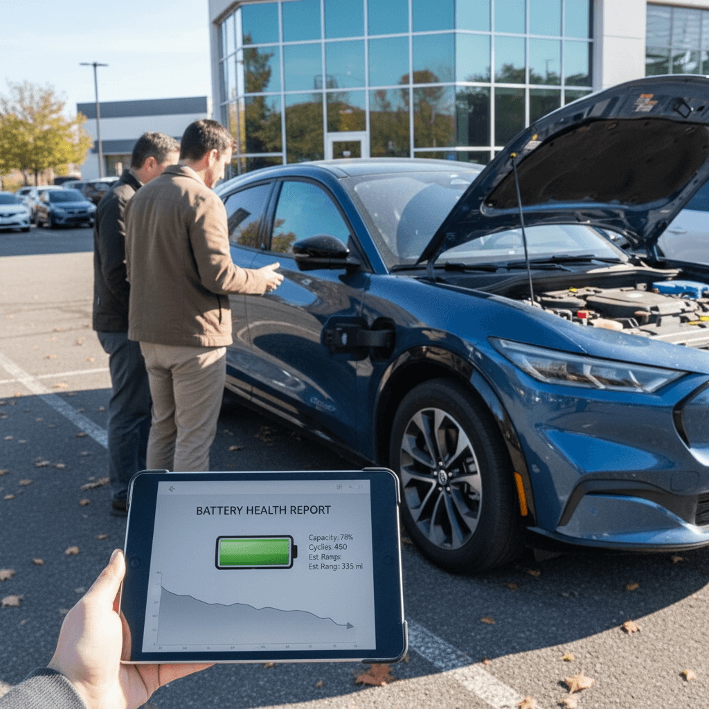 Used Rivian R1S SUVs lined up on a sales lot, showcasing different colors and wheel options