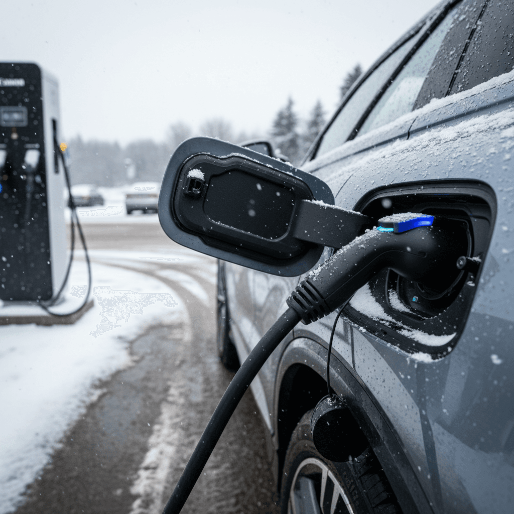 Audi Q4 e-tron charging at a public station in light snow, close-up of charging port and cable