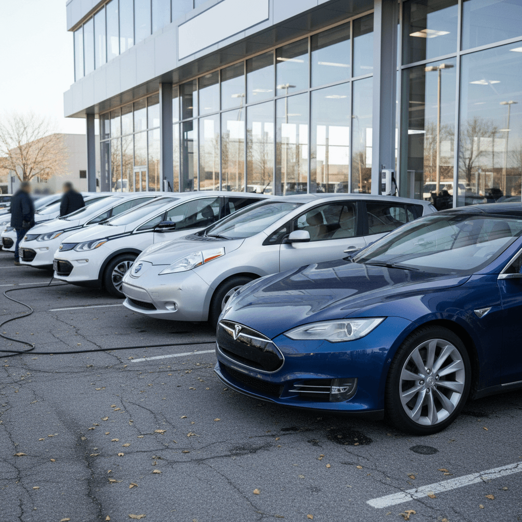 Technician using a tablet to run an EV battery health diagnostic in a service bay