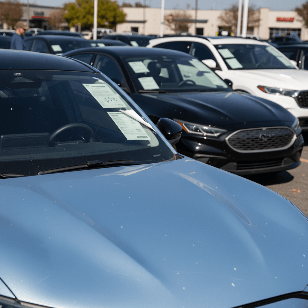 Used Ford Mustang Mach‑E lined up at a dealership lot, each with different prices reflecting age and mileage