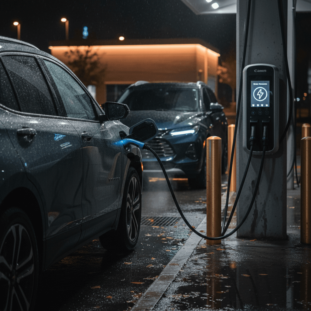 A modern Chevrolet electric SUV plugged into a public charging station