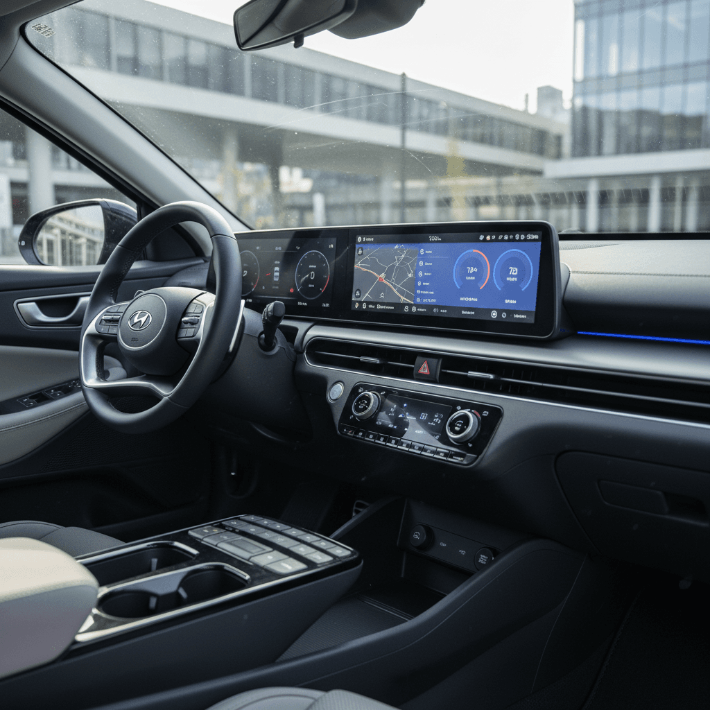 Interior of a Hyundai Ioniq 6 highlighting the dual-screen dashboard and ambient lighting, illustrating the sedan’s modern EV cockpit
