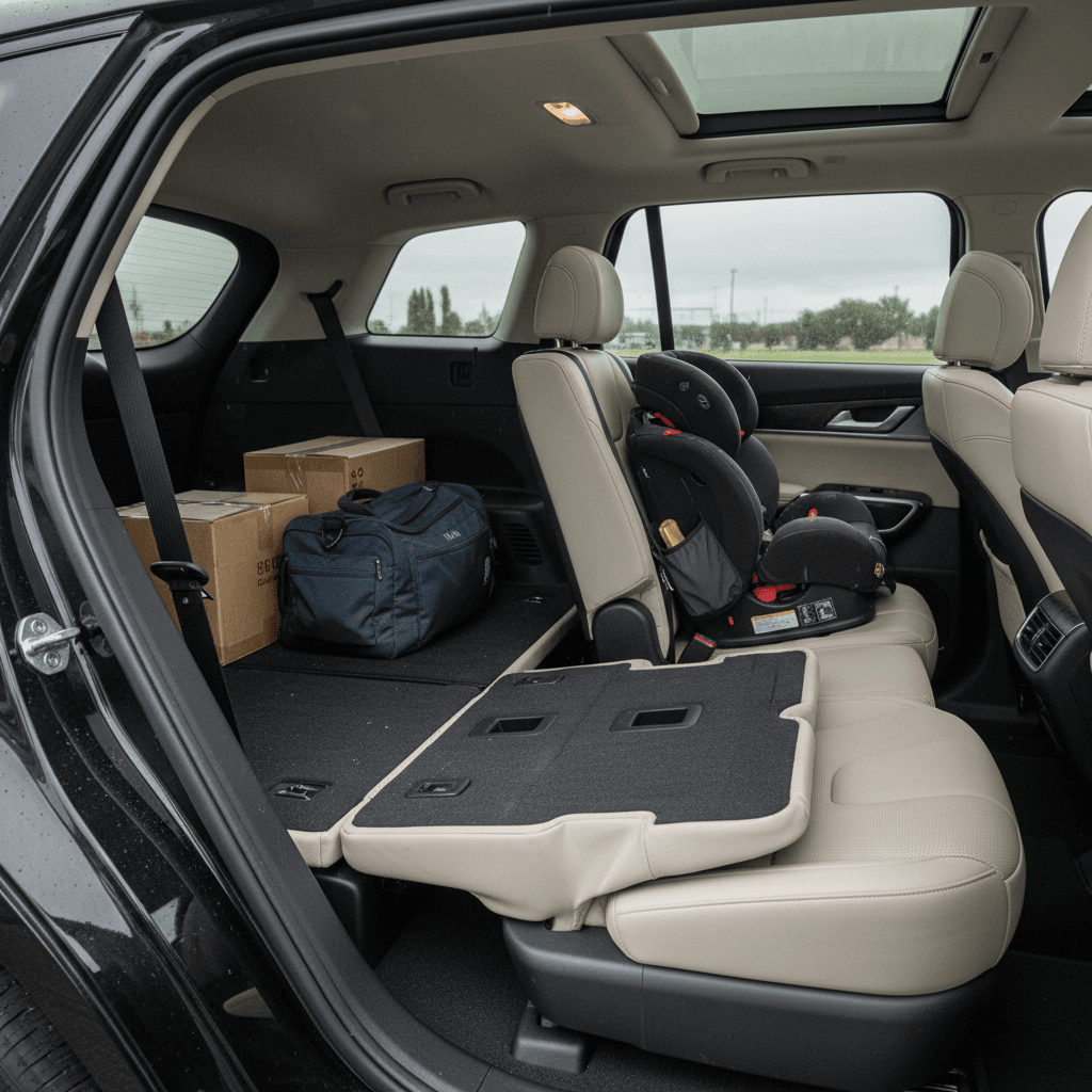 Three-row electric SUV interior with second and third rows shown in passenger and cargo configurations