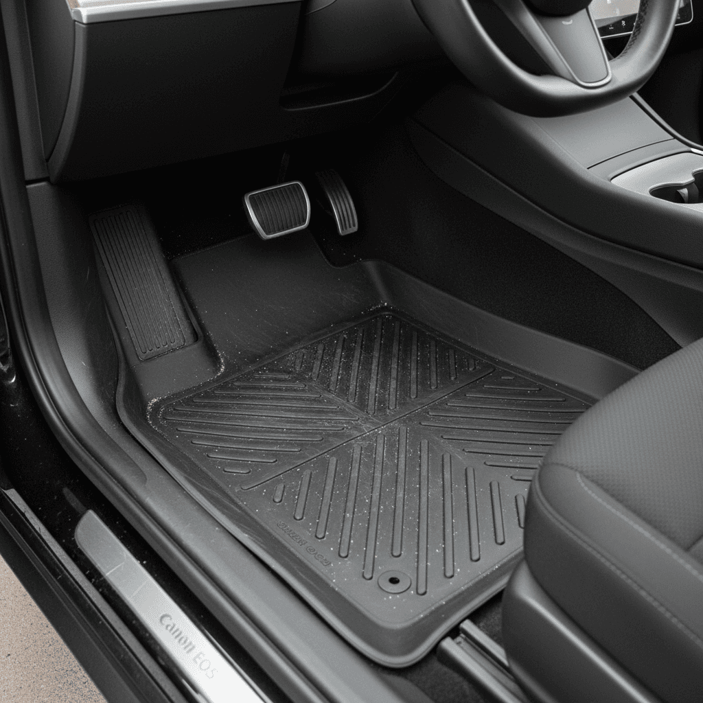 Close-up of Tesla Model 3 driver footwell showing a custom-fit black all-weather floor liner with raised sides protecting the carpet