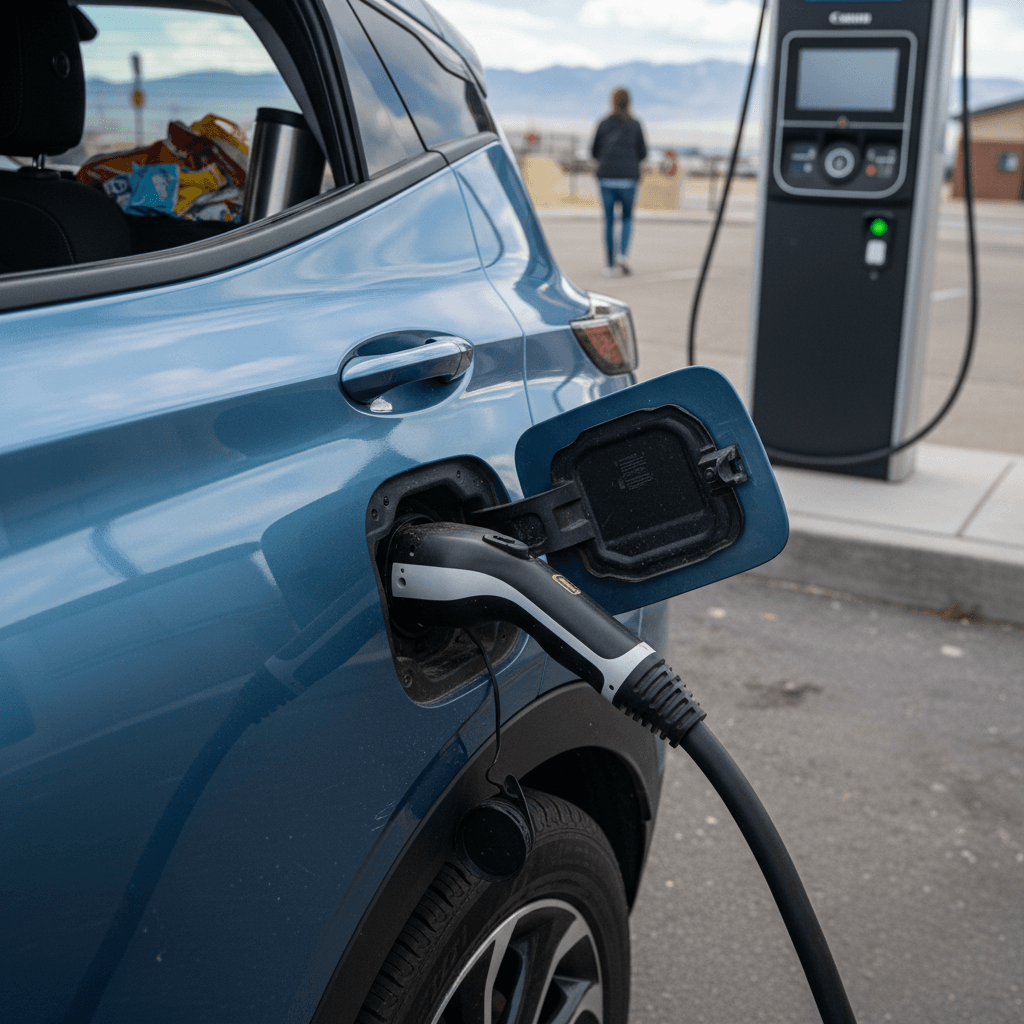 Chevrolet Bolt EUV plugged into a highway DC fast charger during a road trip stop