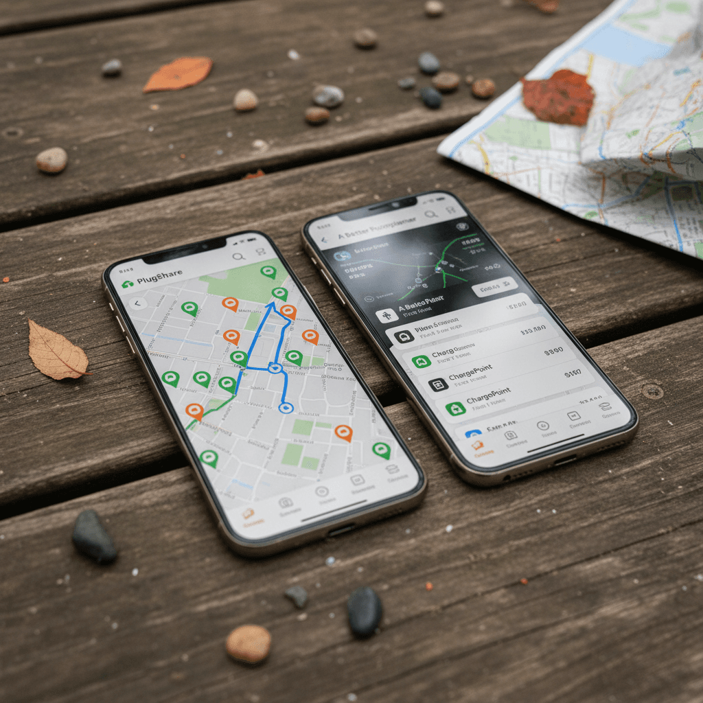 Three smartphones showing PlugShare, ABRP, and ChargePoint app interfaces side by side for EV charging