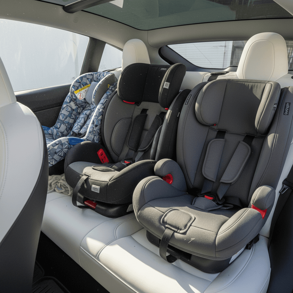 Rear bench of a Hyundai IONIQ 5 with a rear-facing infant car seat installed using LATCH on the outboard position