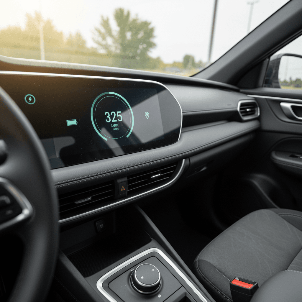 Close-up of an electric vehicle dashboard showing battery state-of-charge and remaining range