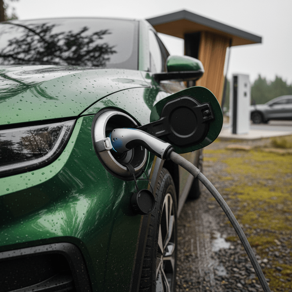 Row of different electric vehicles including sedans and SUVs parked in a lot