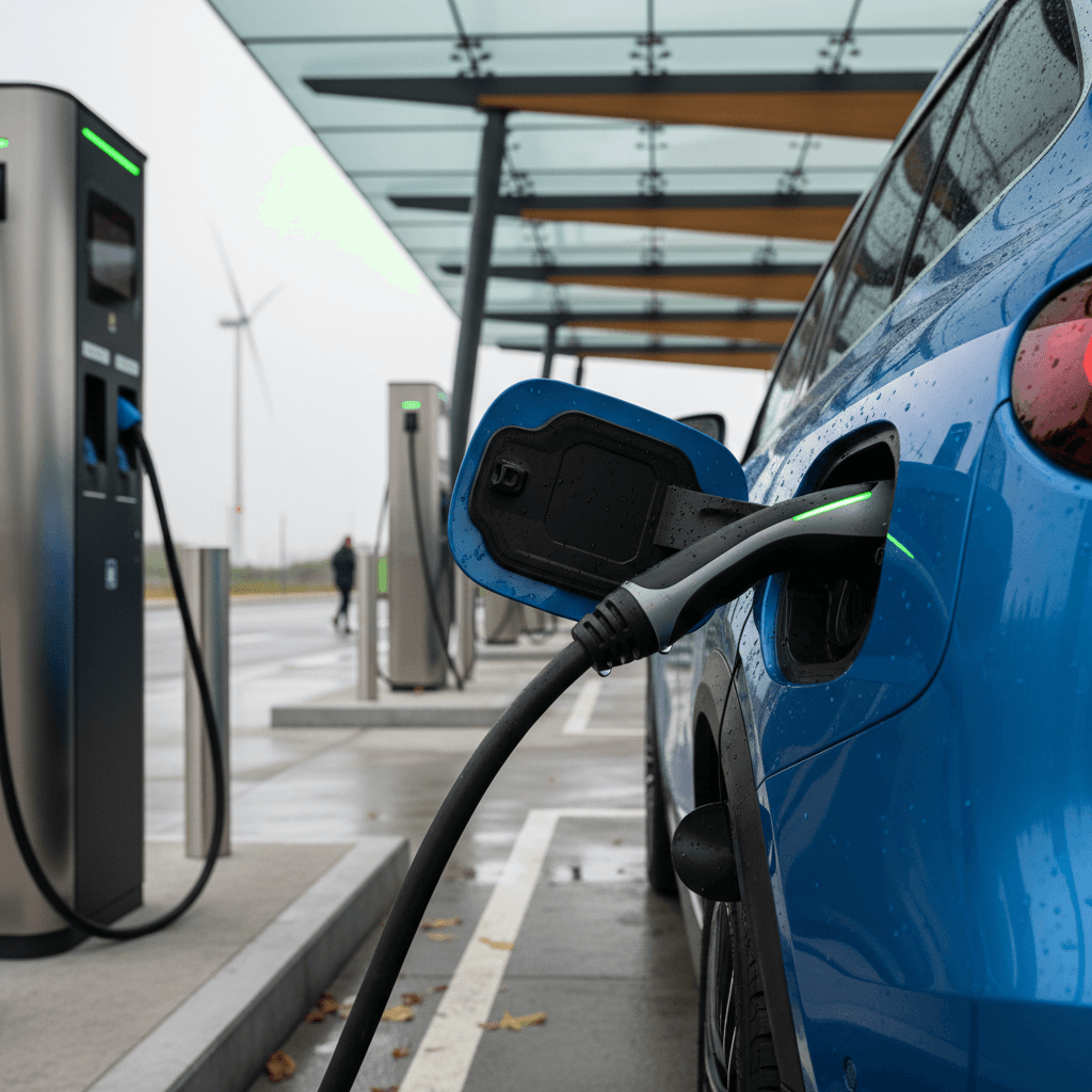 Mercedes EQB parked at a modern highway DC fast charging station during a road trip