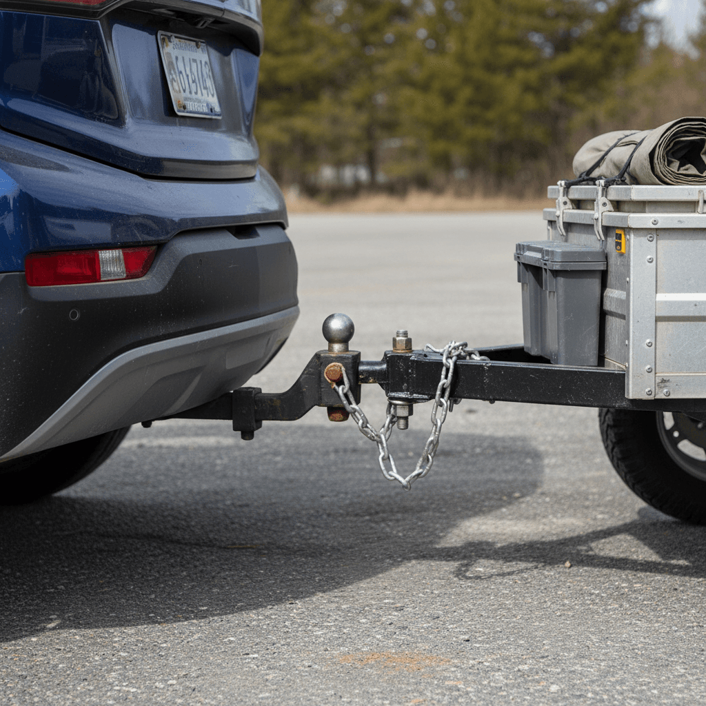 Chevy Bolt EUV with an aftermarket Class III receiver hitch attached to a small utility trailer in a driveway