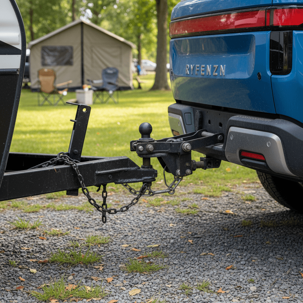 Rivian R1T hitched to a mid-size travel trailer at a wooded campsite
